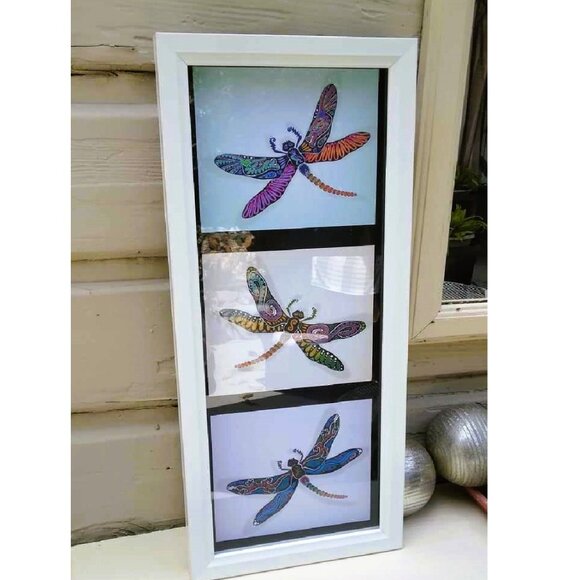 Three Dragonflies Art prints with Subliminal Wing Designs framed in a White Wood - Picture 3 of 12